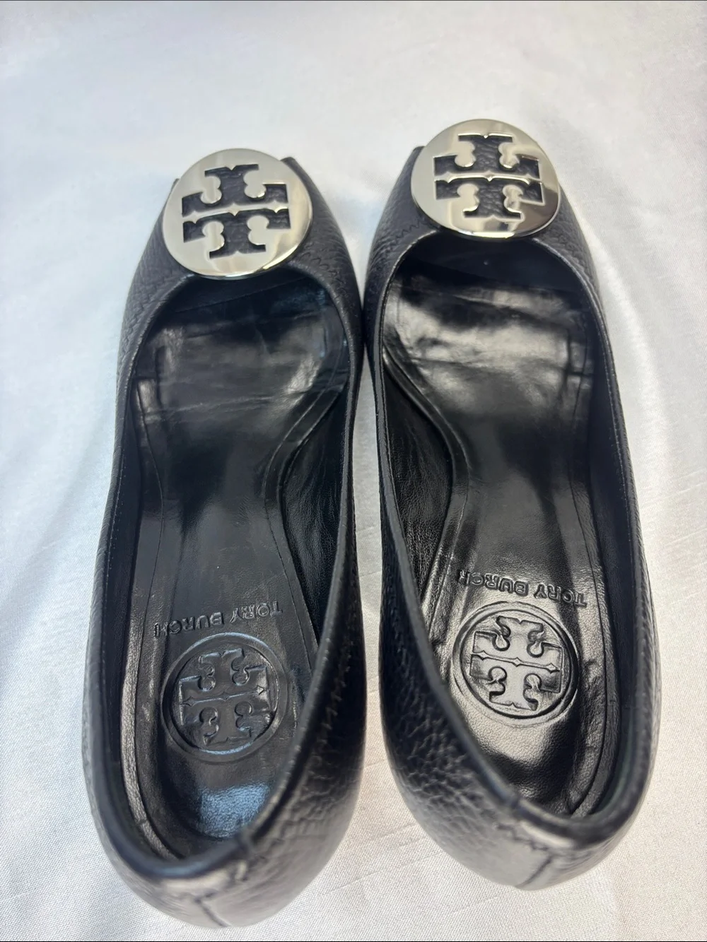 Tory Burch Black Leather Peep-Toe Wedges with Silver Logo Medallions